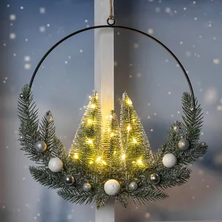 Winterlicher Deko Ring zum aufhängen - ca. Ø 30 cm - Tannen beleuchtet mit LED / Batterie