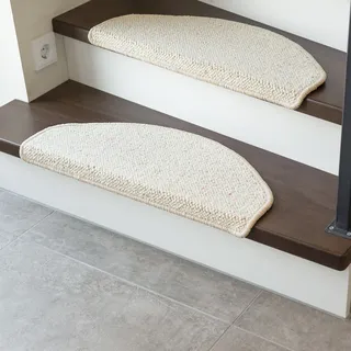 Stufenmatte ANDIAMO "Sheffield, Made in Poland" Gr. 22, beige (creme), B:28cm H:5mm L:65cm, Schurwolle, Teppiche, Stufenmatte, melierte Berber-Optik, selbstklebend, Set mit 2 Stück oder 15 Stück