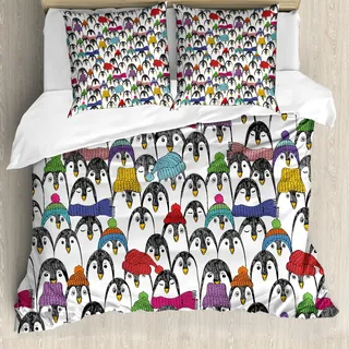 ABAKUHAUS Meerestiere Bettbezug Set, Arktische Tiere Bunte Hüten Mützen und Schals Kalt Winter Cartoon Skizze Muster, 200 x 200 cm + 80 x 80 cm, Mehrfarbig