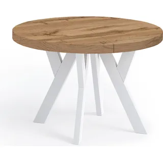 Runder Ausziehbarer Tisch für Esszimmer, PERO, Loft-Stil, Skandinavische, Durchmesser: 100 / 150 cm, Farbe: Eiche Wotan / Weiß - Braun
