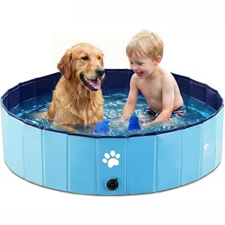 Dazhtu Hundepool faltbar, 100X30cm Planschbecken für Hunde, Hundebadewanne mit Ablaufloch, Tragbare Rutschfestes Hundeplanschbecken, Swimmingpool Verdickt PVC für Große Kleine Hunde, blau
