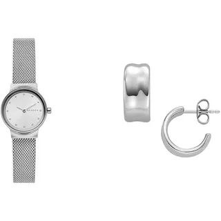 Skagen Damen Freja Lille Silberfarbene Edelstahl Uhr und Anja Pebbles Ohrringe, Set
