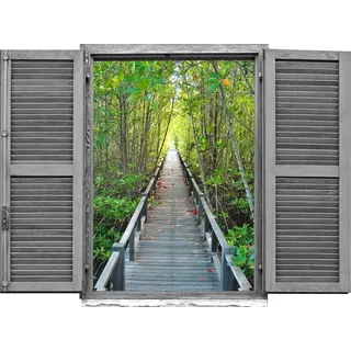 Queence Wandtattoo »Brücke im Wald« Wandsticker, Wandbild, selbstklebend, 3D, Fenster, grün