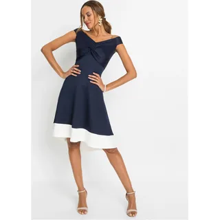Off-Shoulder-Kleid BONPRIX, Damen, Gr. 44/46 (L), N-Gr, dunkelblau, weiß, Web, Obermaterial: 95% Polyester, 5% Elasthan. Einsatz: 72% Viskose, 23% Polyester, 5% Elasthan, festlich, ausgestellt, Kleider Off-Shoulder-Kleid, für festliche Anlässe, aus festem Scuba-Stoff, mit Carmen-Ausschnitt