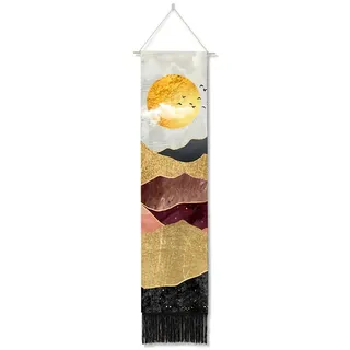 Ricemru Berge Wandteppich Schmal Lang Gold Wandbehang Berggipfel Sonnenaufgang Vogel Wandtuch Abstract Bergeandschaft Wanddeko Tapestry Wandkunst Deko