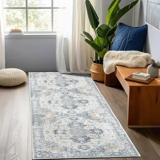 TOPICK Teppich 90x150cm Blau Floral Faltbar Waschbar Superdünne Vintage Blumenteppich Kurzflor Orientalischer Küchenteppich für Innenbereich Schlafzimmer Wohnzimmer Esszimmer Büro Flur