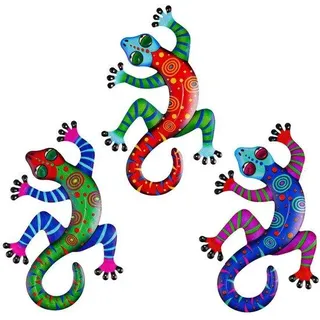Unyqoos® Set mit 3 bunten Metall-Geckos – Wandornamente aus hochwertigem Eisen, rostgeschützt mit Aufhängung, Deko für Innen & Außen - Bunt