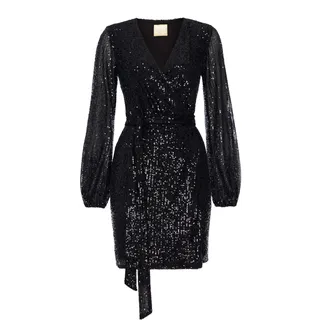 Swing Fashion Women's INES | Schwarz Minikleid Damen | Elegantes Festliches Partykleid | Abendkleid | Hochzeitskleider | Glänzendes Kurzkleid | Glitzer Kleid | Sexy | Langarm 40 (L)