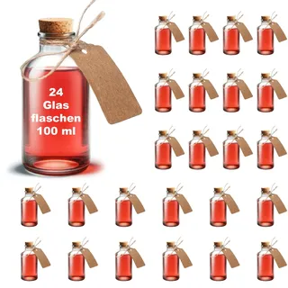 casavetro 24 x 100 ml kleine Glas-Fläschchen 10 cm hoch Tisch-deko, Flaschen für Hochzeit set Gast-Geschenke (inkl.alles)