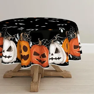 Artoid Mode Schwarz Spinnennetz Blätter Kürbisse Halloween Tischdecke Rund 140 cm, Spinnen Fleckschutz Tischwäsche Küche Dekoration Party Dekor