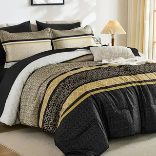 WONGS Bedding Bettwäsche-Set für Queen-Size-Betten, 7-teilig, gestreiftes Boho-Bettwäsche-Set in Einer Tasche, Queen-Size-Größe, weiche, leichte Mikrofaser-Bettdecke für alle Meere, mit Laken