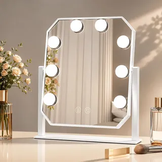 WITFAMILY Schminkspiegel mit Beleuchtung Hollywood Spiegel - Vanity Mirror mit 8 LED Klein Kosmetikspiegel mit Licht 360° Drehung Tischspiegel 3 Modi Schminktischspiegel Touch Dimmbar
