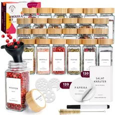 Happy Lemuro Premium Gewürzdosen Set [24 x 120 ml] Gewürzgläser mit Etiketten in Weiß | Gewürzbehälter mit Deckeln aus Bambus. Gewürzgläser Eckig 24er Set, Spice Jars