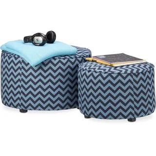 Relaxdays, blau-schwarz Hocker 2er Set, mit Stoff ohne Lehne, runder Pouf, gepolsterter Fußhocker, flach, Gemustert, Standard