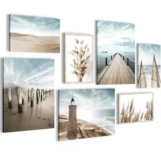 Novart Wandbilder Strand Meer Leuchtturm - KOMPLETT AUFHÄNGFERTIG - Blau Beige Wohnzimmer Schlafzimmer - 7 Moderne Mood-Bilder - N007171a