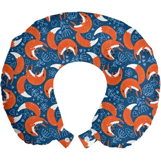 ABAKUHAUS Fuchs Reisekissen Nackenstütze, Doodle Herzen und Blumen, Schaumstoff Reiseartikel für Flugzeug und Auto, 30x30 cm, Navy Blau Orange - Blau