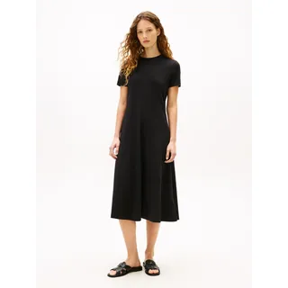 Midikleid TOMMY HILFIGER "INTERLOCK F&F MIDI DRESS", Damen, Gr. L (42/44), N-Gr, schwarz, Interlock, Obermaterial: 100% Baumwolle, unifarben, A-Linie wadenlang, Rundhals, eingesetzt gerader Abschluss, Kleider Midikleid, Interlock-Baumwolle,, Regular Fit