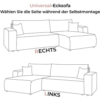 lookway Eckcouch Stoff mit Schlaffunktion und Bettkasten 3-Sitzer Weiß