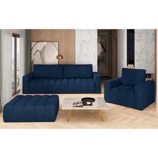 JV Möbel Sofagarnitur 3+1 Sitzer Hocker Garnituren Samt Stoff 3tlg Wohnzimmer Set - Blau