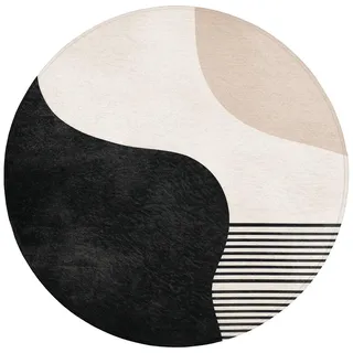 OnlyWow Badematte Abstrakt - Japandi - Beige - Modern Badvorleger 70x70 cm , Beige, Schwarz , Textil , Füllung: Polyurethan (Pur) , Rund , 70x70 cm , Heimtextilien, Badtextilien, Badematten