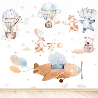 43 Pcs Flugzeug Tier Wandtattoo, Abnehmbar Tiere DIY Karikatur Wandsticker, Niedlich Kinderzimmer Wandaufkleber, Flugzeug Tier Wandtattoo für Schlafzimmer Wanddeko