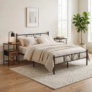 FurnitureR Schlafzimmer Set mit Metallbett 140x200 cm und 2 Nachttischen, Doppelbettgestell mit Lattenrost und 2 Beistelltischen mit Schublade, Industrial Design Bett & Nachtkommode Set