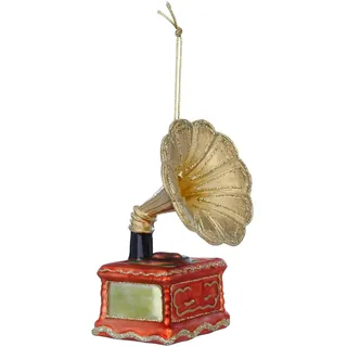 Holly & Jolly - Weihnachtskugel Grammophon, ca. 11 cm | Christbaumkugel aus Glas, handbemalt, Weihnachtsbaumschmuck in Braun und Gold, beglittert, Weihnachtsdeko für Innen