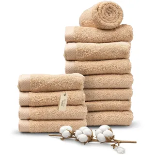 MissTowels® Handtuch Set 12-teilig – 100% Baumwolle aus Portugal, Sandfarben, 50x100 cm – Weich & Saugfähig – Hotelqualität – Oeko-TEX Zertifiziert – 8+4 Gratis
