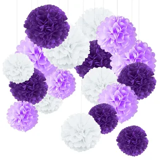 18 Stück Seidenpapier Pompons Papier PomPoms Blumen Tissue Ball Pom Poms Girlande Party Dekorationen Kit für Hochzeit Geburtstag Baby Dusche Babyparty Valentinstag Gartenparty Deko (Lila)