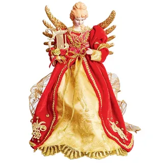 Weihnachtsengel Weihnachtsbaumspitze – Rot und Goldfarben, Engel mit Harfe – Goldfarben metallisch schimmernde Flügel
