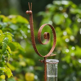 Gartenstecker Rost Regenmesser Schnecke, Gartendeko für Draußen Wetterfest Edelrost Niederschlagsmesser mit Messglas, Rustikale Gartendeko Rost Metall Tierfigur für Beet Balkon Rasen, 93cm (A)