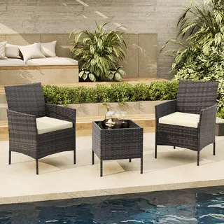 GarveeHome 3-Teiliges Terrassenmöbel-Set, Gartenmöbel Mit Weichen Kissen Und Couchtisch, Wetterfestes Rattan-Terrassenset Mit Sitzmöbeln Für Garten, Veranda, Rasen, Pool