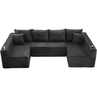 Oxeza Wohnlandschaft 320/155/88 cm Dunkelgrau mit Getränkehalter und Seitentasche , Textil , Mode , Rechteckig , 320x88x155 cm , Wohnzimmer, Sofas & Couches, Wohnlandschaften, Wohnlandschaften in U-Form
