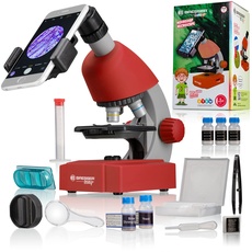 Bresser Junior Einsteiger Mikroskop 40-640x mit Durchlicht LED-Beleuchtung und mit 3 Objektiven, inklusive umfangreichem Zubehör wie Dauerpräparaten, Objektträgern und Mikroskopierbesteck, rot