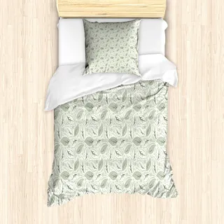 ABAKUHAUS Blätter Mantele, Blumenmotive Verziert, Milbensicher Allergiker geeignet mit Kissenbezügen, 135 cm x 200 cm - 80 x 80 cm, Creme Weises Grün