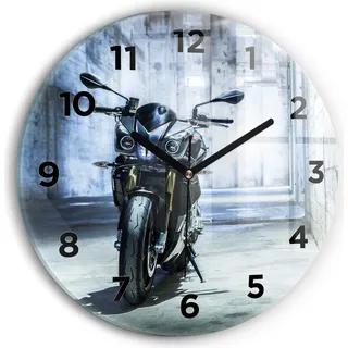 Wallfluent Wanduhr – Stilles Quarzuhrwerk - Uhr Dekoration Wohnzimmer Schlafzimmer Küche - Zifferblatt - schwarze Zeiger - 30 cm - Motorrad in einer Gasse - Blau