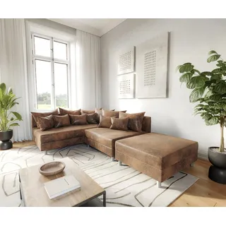 DELIFE Ecksofa Clovis Braun Antik Optik Hocker Ottomane Links Modulsofa - Braun