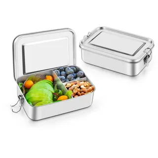 Onader Edelstahl Brotdose mit Fächern 2er Set, 1400ml Bento Box Lunchbox mit Abnehmbar Trennwand, Metall Lunch Box Snackbox für Kinder & Erwachsene, Auslaufsicher & Spülmaschinenfest