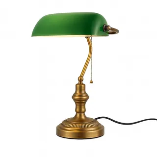 BARCELONA LED Bankerlampe Vintage E27 mit grünem Glasschirm, klassische Schreibtischlampe Retro mit verstellbarem Lampenschirm, Messingoptik und Zugschalter, Tischlampe für Büro Bibliothek
