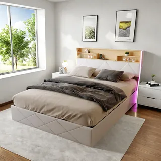 Fortuna Lai Polsterbett 160x200 cm mit LED-Aufbewahrung, hydraulischem Stauraum, USB-Anschlüssen, und modernem Kopfteil aus Kunstleder, Weiß, Ohne Matratze - Weiß