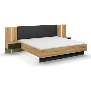 rauch Bettanlage "Bett Doppelbett Komfortbett Funktionsbett APOLLON" Liegefläche 180x200, optional mit Bettbank und Stauraum, 3 tlg. tlg. Polster-Kopfteil in Lederoptik black, mit Beleuchtung MADE IN GERMANY, eiche artisan, schwarz oak