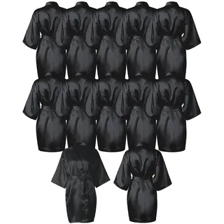 12 Stück Kimono-Bademäntel für Frauen, seidige Brautjungfern, leicht, V-Ausschnitt, Satin-Bademantel für Hochzeit, Braut, Geburtstag, Party, Schwarz, Einheitsgröße