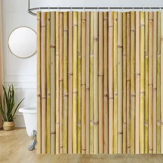 Uiiooazy Duschvorhang Bambus, Duschvorhang Holzoptik 200x180cm Anti Schimmel Bambus Motiv Pflanzen Vintage Duschvorhänge Wasserdicht Polyester Stoff Waschbar Bad Vorhang mit 12 Haken für Badezimmer