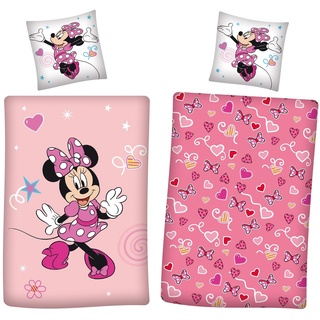 Familando Bettwäsche für Mädchen mit Minnie Mouse Motiv Biber-Bettwäsche Set für Winter 135x200 + 80x80 cm aus 100% Baumwolle · Rosa Bettwäsche mit Herzen und Schleifen für Mädchen