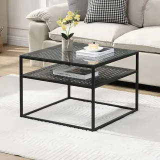 FineBuy Couchtisch Glas Metall Schwarz 60x60x45 cm Quadratischer Wohnzimmertisch Modern mit Ablage Beistelltisch Sofatisch Glastisch Klein - Schwarz