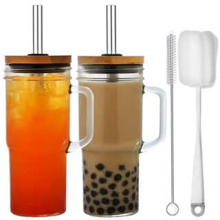 ALINK 2pcs 710ML Becher mit Griff, Deckel und Strohhalm - wiederverwendbare Mason Jar Trinkgläser für Eiskaffee, Smoothies, Bier, Saft und Tee - mit 2 Bürsten