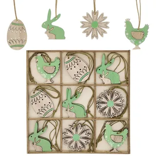Valery Madelyn 18 Stück 5cm Anhänger, Holzdeko zum Aufhängen, Osterschmuck aus Holz, Osterhasen Eier Hühner und Blumen Dekohänger für Ostern Frühling Deko - Grün