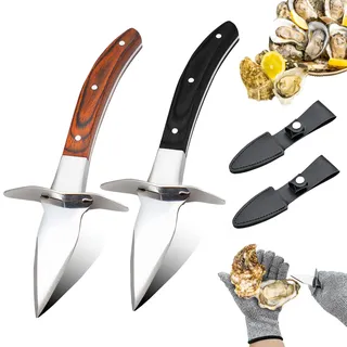 TWUTGAYW Austernmesser Set, 2 Stücke Austernöffner mit 1 Paar Schutzhandschuhen der Stufe 5 (L), Austern messer mit Hochwertigem Holzgriff Lederscheide für Muscheln aus Edelstahl