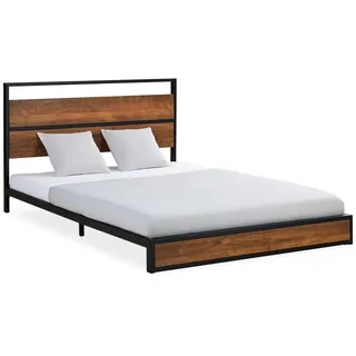 Homestyle4u Metallbett 140x200 cm Schwarz Doppelbett Holz Braun Futonbett Bett 145 cm X 94,5 cm X 210 cm