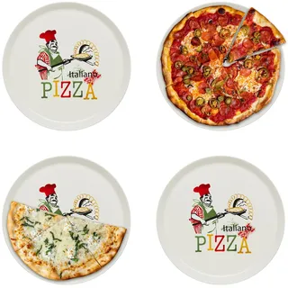 KHG 4er-Set Pizzateller, extra groß mit 30 cm Durchmesser in Chefkoch Print | perfekt für Gastro und Zuhause, hochwertiges Porzellan, spülmaschinengeeignet & perfekt Stapelbar, vielseitig einsetzbar